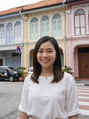 Siew Ling Tan, a 25-year-old Chinese-Malaysian woman from Penang on a heritage street - Malaysian women dating profile