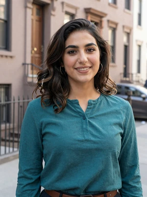 Fatima Nasser, a 25-year-old Yemeni woman from Brooklyn with city buildings behind her - Yemeni women dating profile