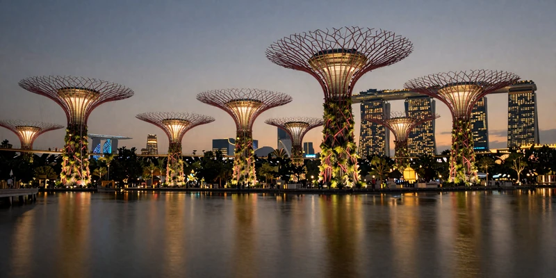 Singapore Marina Bay skyline with Gardens by the Bay Supertrees at twilight - the cosmopolitan home of Singaporean women on FloridaDatingService