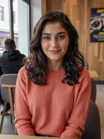 Smiling Armenian woman in coral sweater at a cafe - Armenian women dating profile on FloridaDatingService