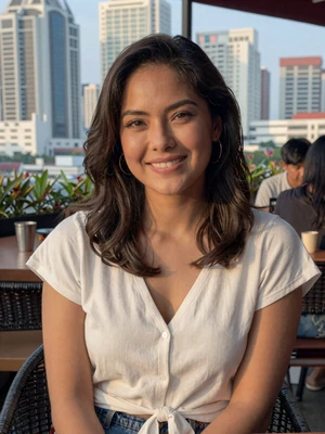 Joy Reyes, a 30-year-old Filipina woman from Manila at an outdoor restaurant - Filipino women dating profile