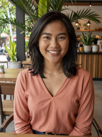 Smiling Cambodian woman in coral blouse at a cafe - Cambodian women dating profile on FloridaDatingService
