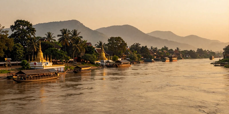 Scenic Mekong River view of Luang Prabang Laos with golden temple spires and lush greenery - the homeland heritage of Laotian women on FloridaDatingService