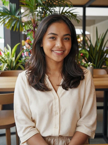 Smiling Indonesian woman in casual batik blouse at a tropical cafe - Indonesian women dating profile