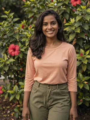 Hawwa, a 27-year-old Maldivian woman from Hithadhoo in a garden with hibiscus - Maldivian women dating profile