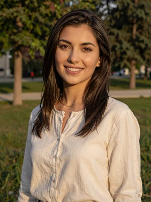 Anahit Petrosyan, a 27-year-old Armenian woman from Yerevan smiling in a sunlit park - Armenian women dating profile