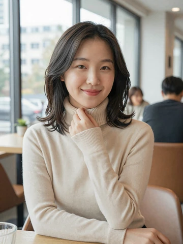 Smiling Korean woman in modern cream sweater at a bright cafe - North Korean women dating profile on FloridaDatingService
