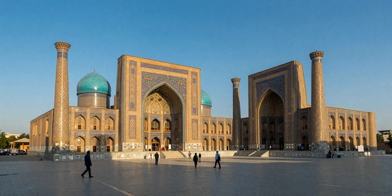 Registan Square in Samarkand Uzbekistan with turquoise domes at golden hour - the Silk Road homeland of Uzbek women on FloridaDatingService