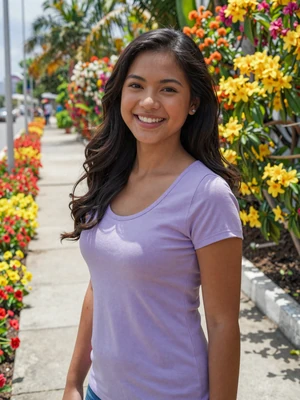 Christine Aquino, a 24-year-old Filipina woman from Bacolod by a flower-lined walkway - Filipino women dating profile