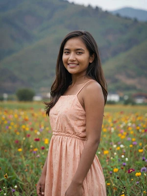 Karma Lhaden, a 26-year-old Bhutanese woman from Bumthang in a wildflower field with mountains - Bhutanese women dating profile