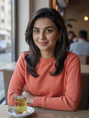 Smiling Uzbek woman in modern coral sweater at a cafe with green tea - Uzbek women dating profile on FloridaDatingService