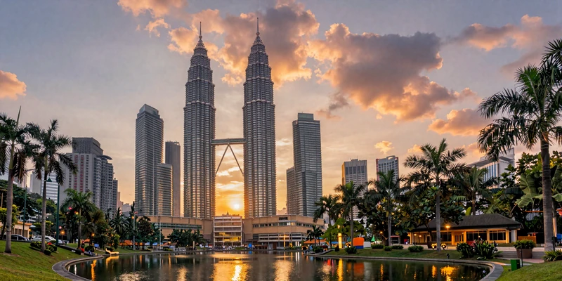 Kuala Lumpur Petronas Towers at golden sunset with KLCC park - the vibrant homeland of Malaysian women on FloridaDatingService