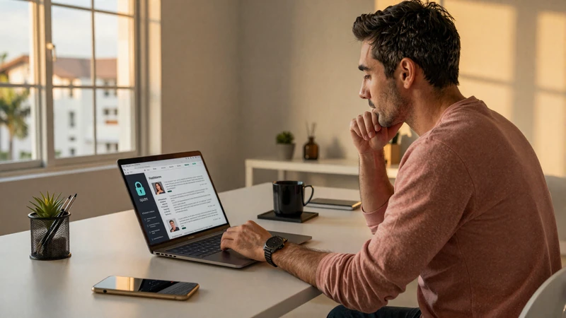 Man reviewing dating profiles safely on laptop in Florida home office - romance scam prevention guide for Asian dating