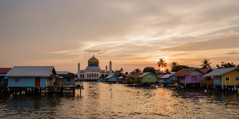 Scenic Kampong Ayer water village in Brunei with golden mosque dome at sunset - the homeland heritage of Bruneian women on FloridaDatingService
