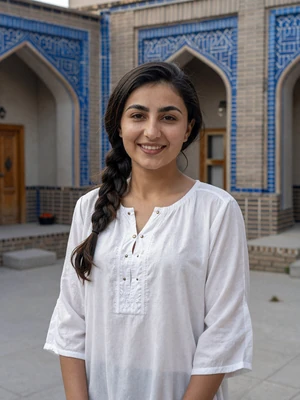 Parvina Nazarova, a 26-year-old Tajik woman from Istaravshan in a traditional courtyard - Tajik women dating profile