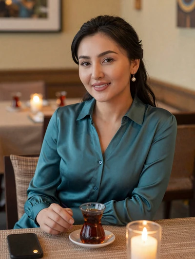 Elmira Kadyrova, a 30-year-old Kyrgyz woman from Bishkek at a cozy restaurant - Kyrgyz women dating profile