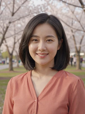 Eunji Park, a 28-year-old Korean woman from Seoul smiling in a cherry blossom park - North Korean women dating profile