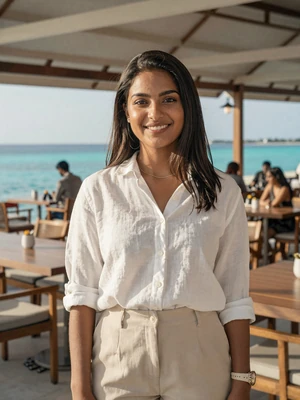 Aminath, a 26-year-old Maldivian woman from Malé smiling at a waterfront cafe - Maldivian women dating profile