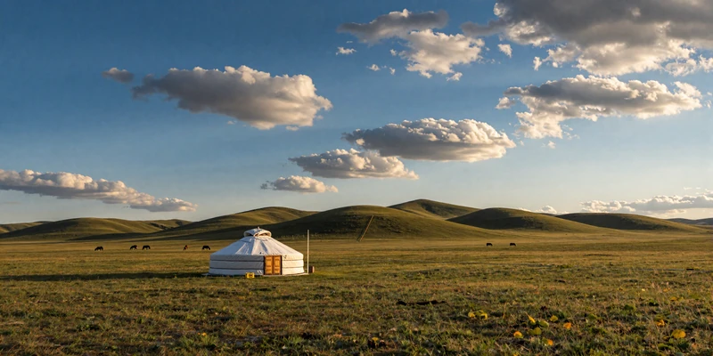 Vast Mongolian steppe with traditional ger yurt and grazing horses - the homeland heritage of Mongolian women on FloridaDatingService
