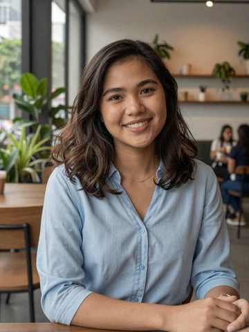 Smiling Filipina woman in casual blue blouse at a modern Manila cafe - Filipino women dating profile