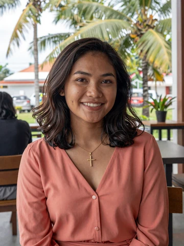Smiling Timorese woman in modern coral blouse at a tropical cafe in Dili - Timorese women dating profile on FloridaDatingService