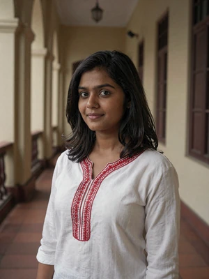 Sneha Das, a 24-year-old Indian woman from Kolkata in a colonial corridor - Indian women dating profile