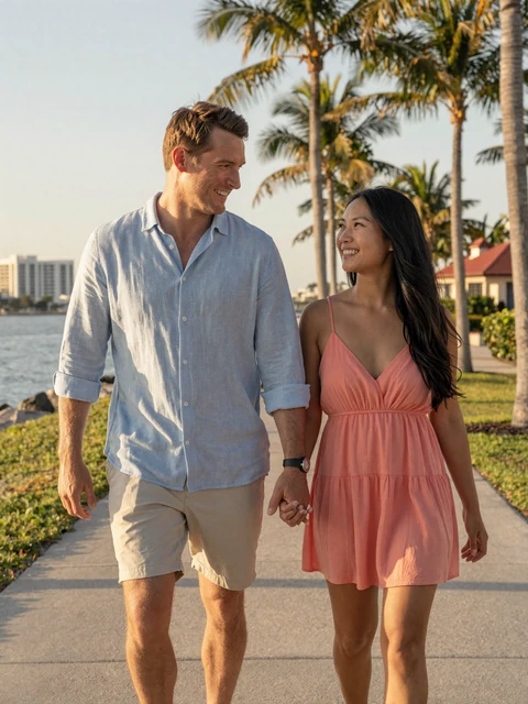 Happy interracial couple walking along a sunny Florida waterfront - FloridaDatingService success story
