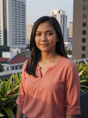 Dewi Saraswati, a 27-year-old Indonesian woman from Jakarta smiling on a rooftop garden - Indonesian women dating profile