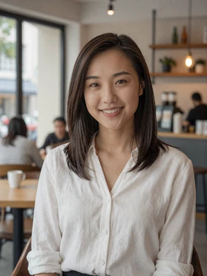 Mei Ling Wu, 27-year-old Chinese woman smiling in a Shanghai cafe - Chinese women dating profile