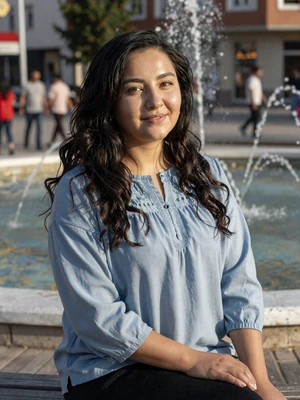 Ogulgerek Muradova, a 25-year-old Turkmen woman from Mary sitting near a fountain - Turkmen women dating profile