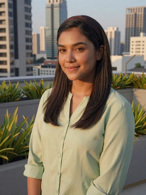 Nurul Aisyah, a 27-year-old Malay woman from Kuala Lumpur smiling at a rooftop garden - Malaysian women dating profile