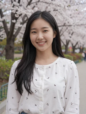 Soo-Jin Park, a 26-year-old Korean woman from Seoul smiling in a cherry blossom park - Korean women dating profile