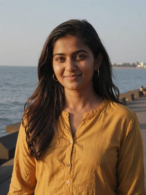 Priya Sharma, a 28-year-old Indian woman from Mumbai smiling at the waterfront - Indian women dating profile