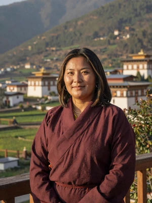 Pema Dema, a 31-year-old Bhutanese woman from Wangdue on a balcony overlooking a valley - Bhutanese women dating profile