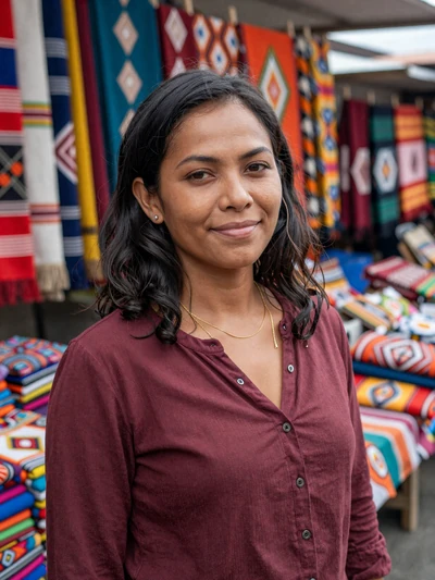 Teresa Amaral, a 30-year-old Timorese woman at a colorful Dili market with tais textiles - Timorese women dating profile