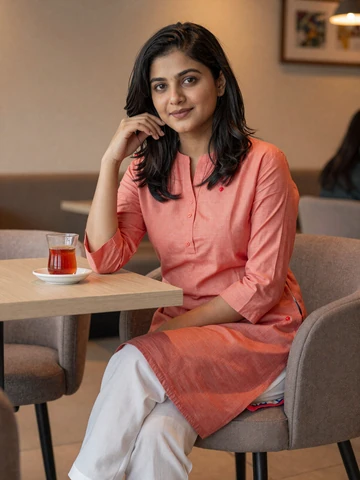 Smiling Bangladeshi woman in casual coral kurti at a modern cafe - Bangladeshi women dating profile