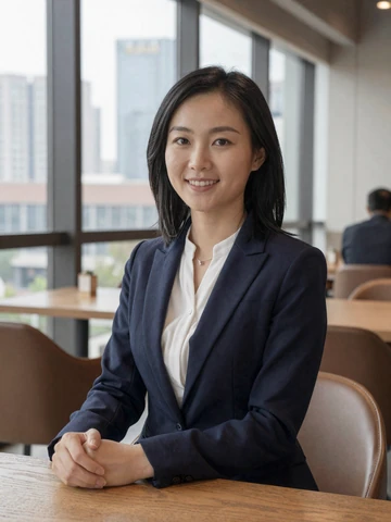 Confident Chinese woman in professional blazer at a modern city cafe - Chinese women dating profile on FloridaDatingService
