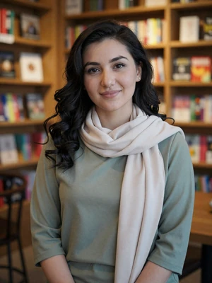 Ayna Berdiyeva, a 26-year-old Turkmen woman from Dashoguz in a cozy bookshop cafe - Turkmen women dating profile