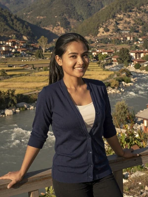 Deki Choden, a 29-year-old Bhutanese woman from Punakha overlooking a river valley - Bhutanese women dating profile