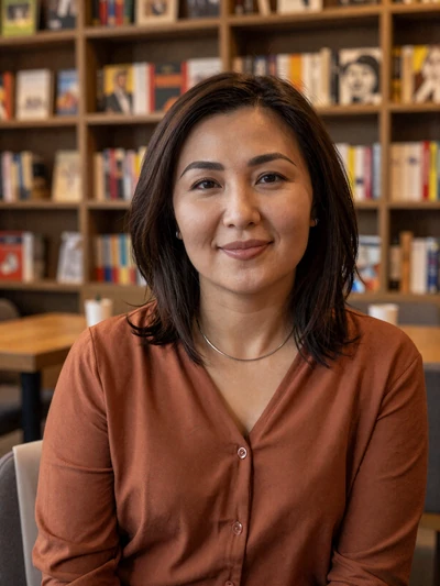 Balnur Zhanseitova, a 30-year-old Kazakh woman from Almaty in a cozy bookstore cafe - Kazakh women dating profile