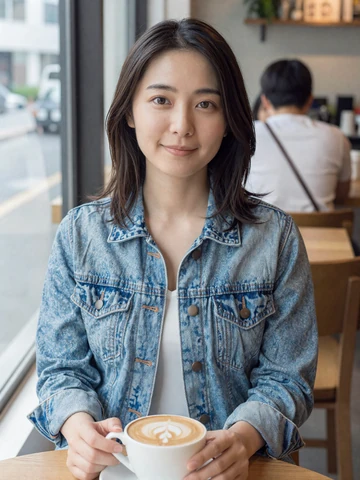 Smiling Japanese woman in casual denim jacket at a modern Tokyo cafe - Japanese women dating profile