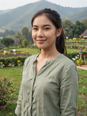 Nong, a 26-year-old Thai woman from Chiang Mai in a garden setting - Thai women dating profile