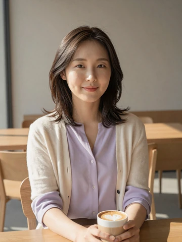 Stylish Korean woman in lavender blouse at a modern Seoul cafe - Korean women dating profile
