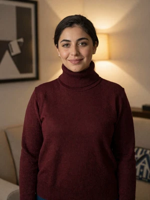 Yasmin Obeidat, a 31-year-old Jordanian woman from Amman in a cozy living room - Jordanian women dating profile