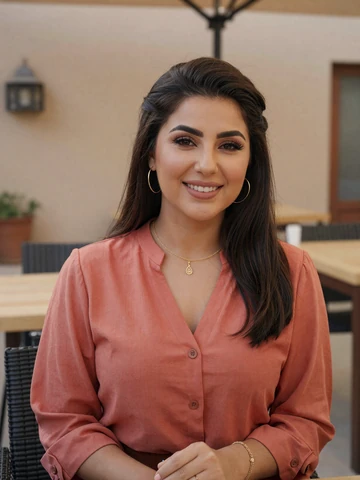 Smiling Turkmen woman in modern coral blouse at an outdoor cafe - Turkmen women dating profile on FloridaDatingService