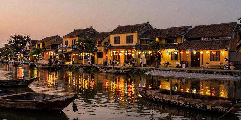 Hoi An ancient town in Vietnam at dusk with colorful lanterns over the river - a romantic destination for meeting Vietnamese women