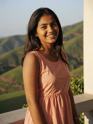Kavita Shrestha, a 24-year-old Nepali woman from Hetauda on a balcony overlooking green hills - Nepali women dating profile