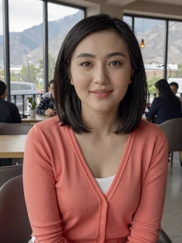 Smiling Kazakh woman in modern coral cardigan at an Almaty cafe with mountain views - Kazakh women dating profile on FloridaDatingService