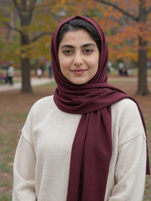 Amira Al-Sanabani, a 28-year-old Yemeni woman from Dearborn smiling in a park - Yemeni women dating profile