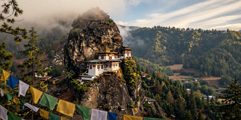 Paro Valley in Bhutan with Tiger's Nest Monastery on a cliff surrounded by green forests - romantic destination for Bhutanese women dating